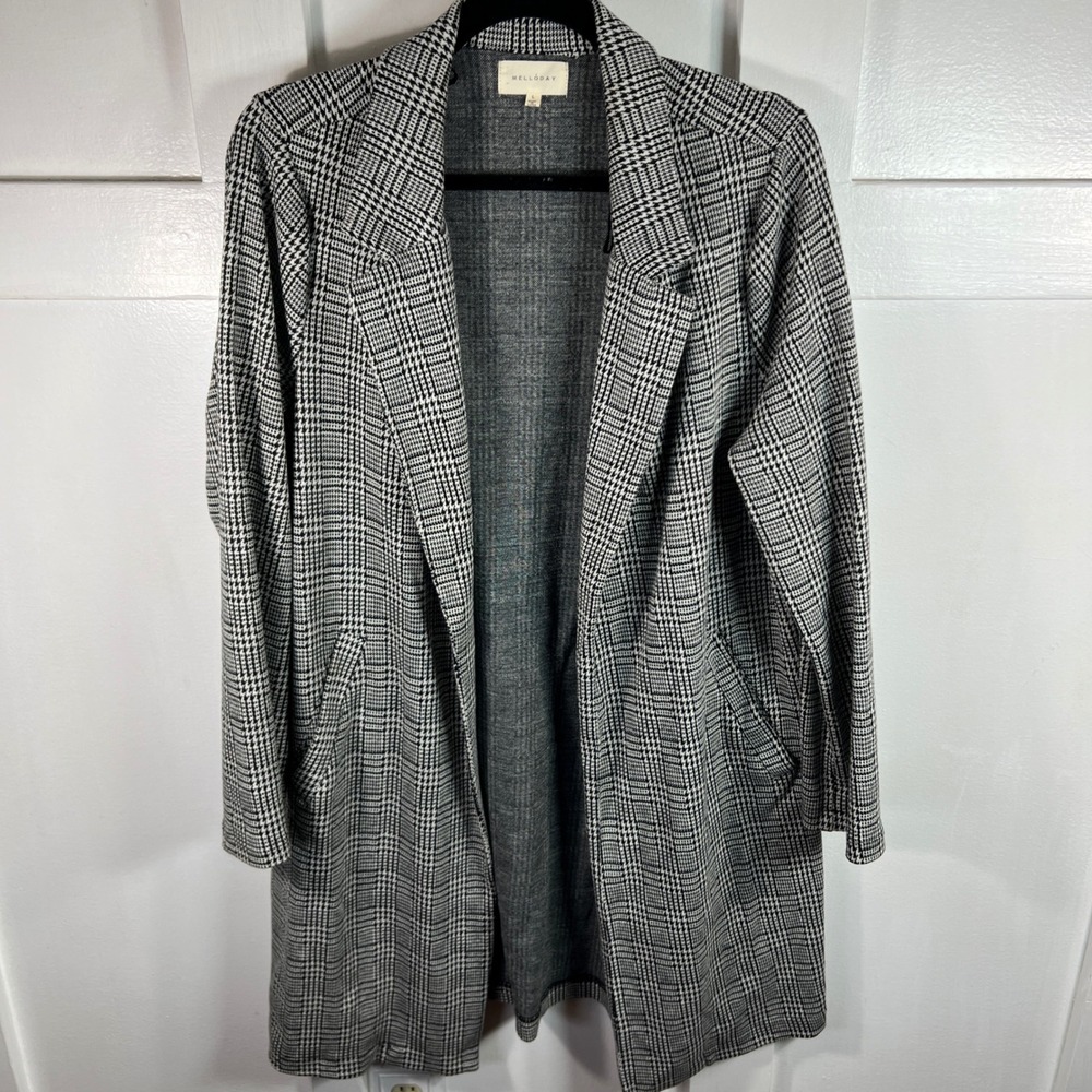 Melloday Womens Black White Glen Plaid Open Front Longline Blazer Jacket Size L